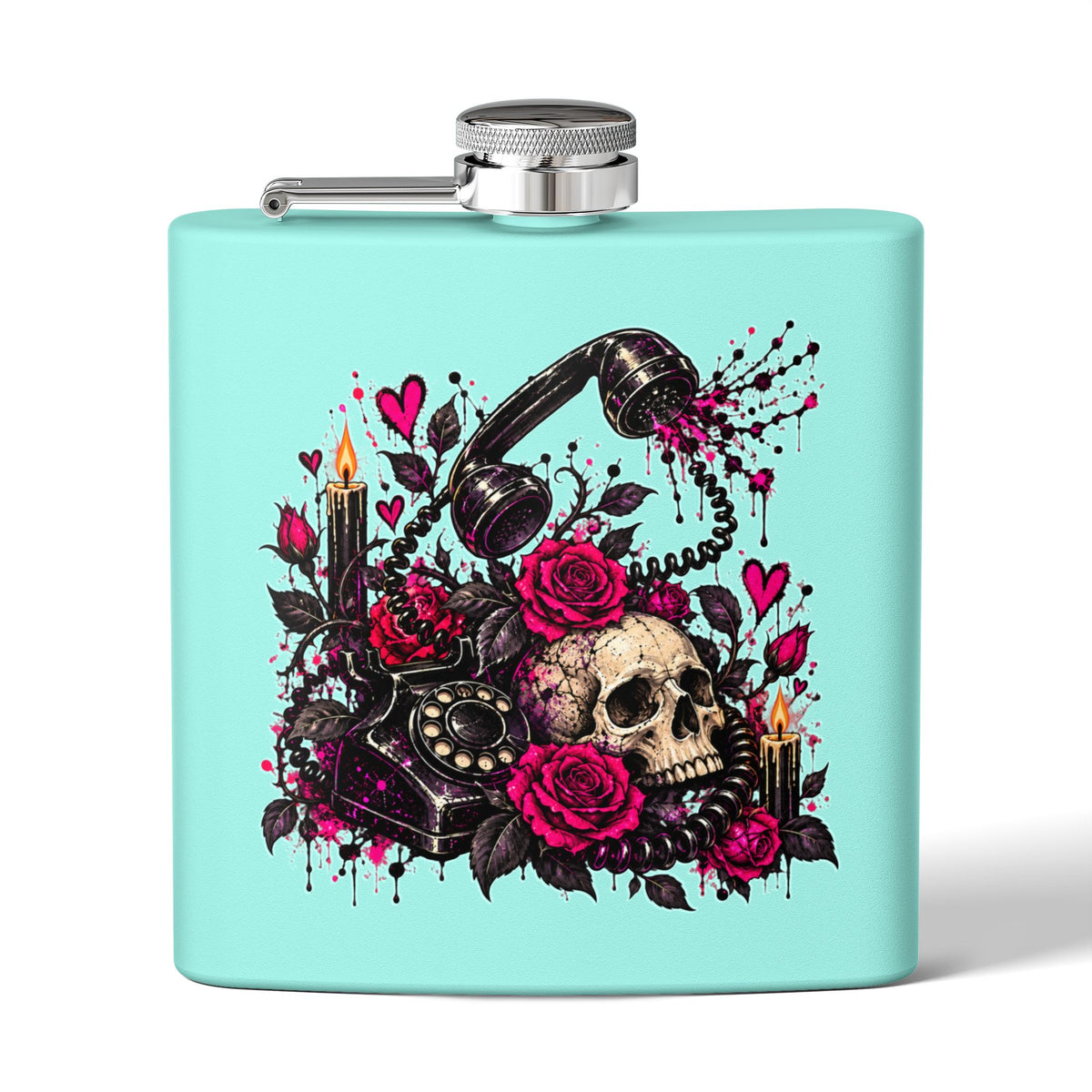 Karma’s Calling 6oz Stainless Steel Flask | Gothic Skull & Telephone Drinking Flask by Subbin4Sanity