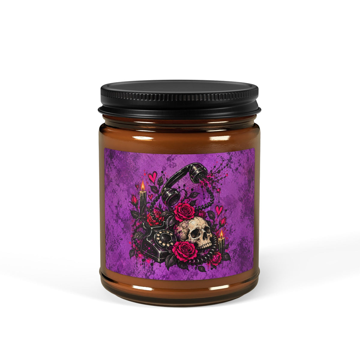 Karma’s Calling Scented Amber Jar Soy Candle | Gothic Skull & Telephone Home Decor Candle by Subbin4Sanity