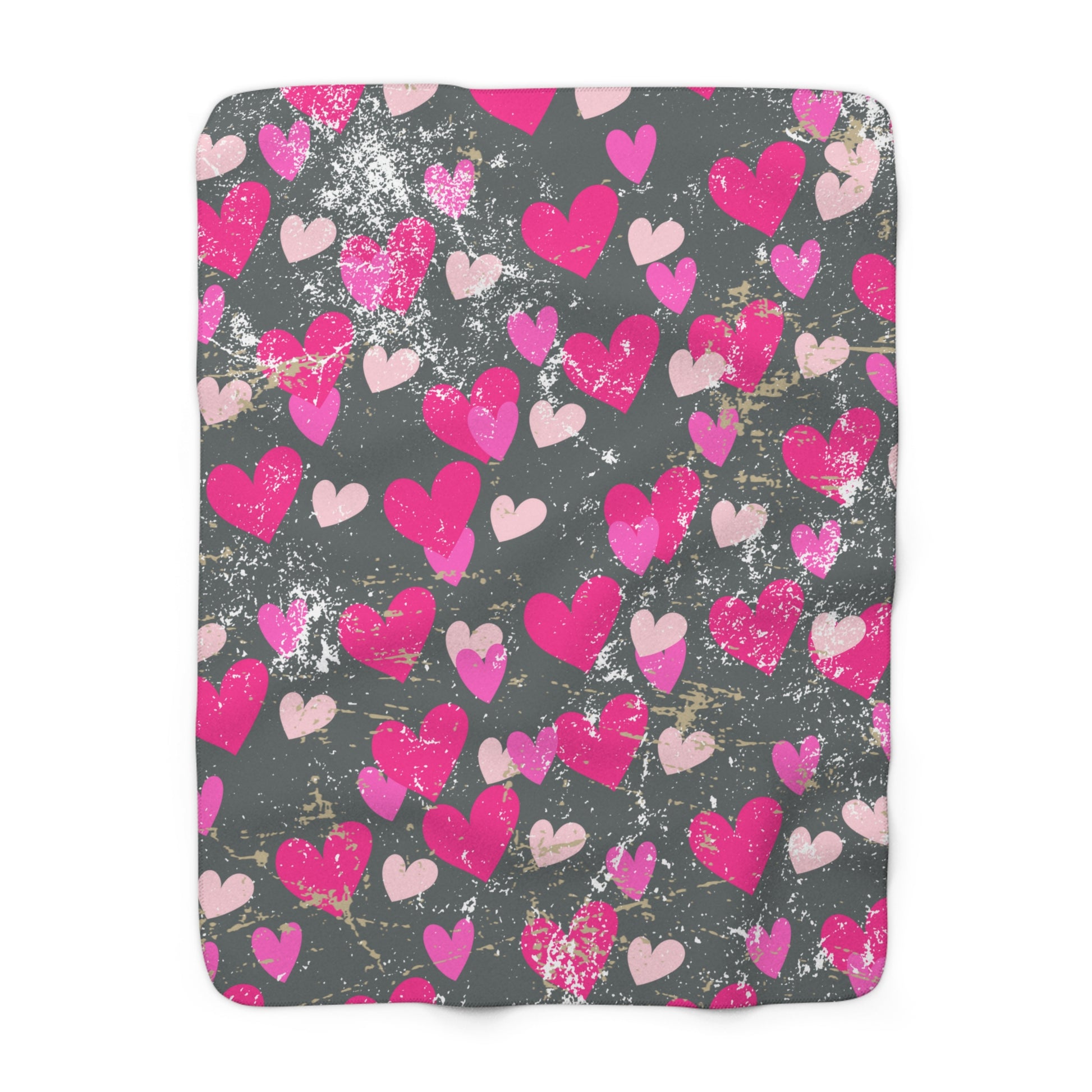 Grey Valentine’s sherpa fleece blanket with pink hearts pattern