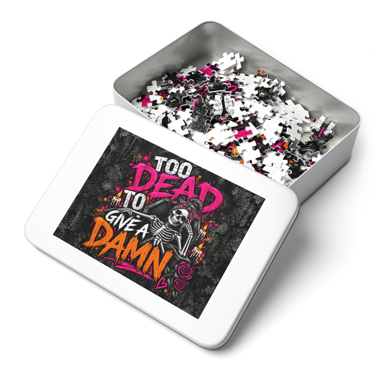 Too Dead To Give A Damn Halloween Jigsaw Puzzle | Sarcastic Gothic Skeleton Puzzle by Subbin4Sanity