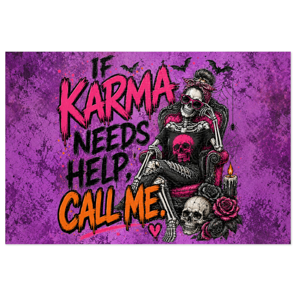 If Karma Needs Help, Call Me Halloween Jigsaw Puzzle | Sarcastic Gothic Skull Puzzle by Subbin4Sanity
