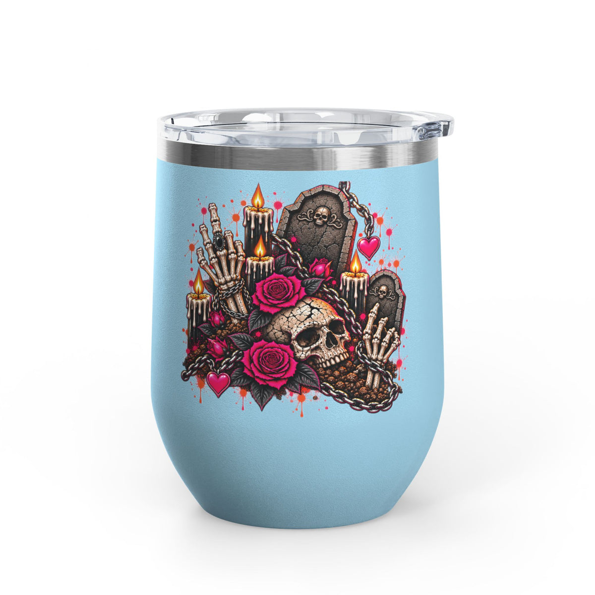Dirt & Defiance 12oz Wine Tumbler | Gothic Skull & Coffin Stainless Steel Cup by Subbin4Sanity