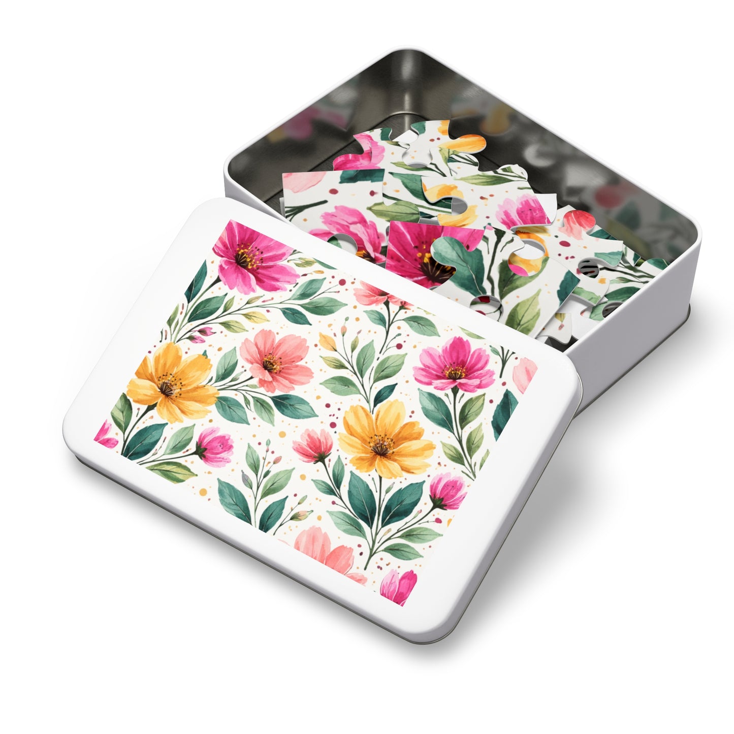 Watercolor Wildflower Garden Pattern – Splatter Bloom Collection – Puzzle & Tin Storage Box