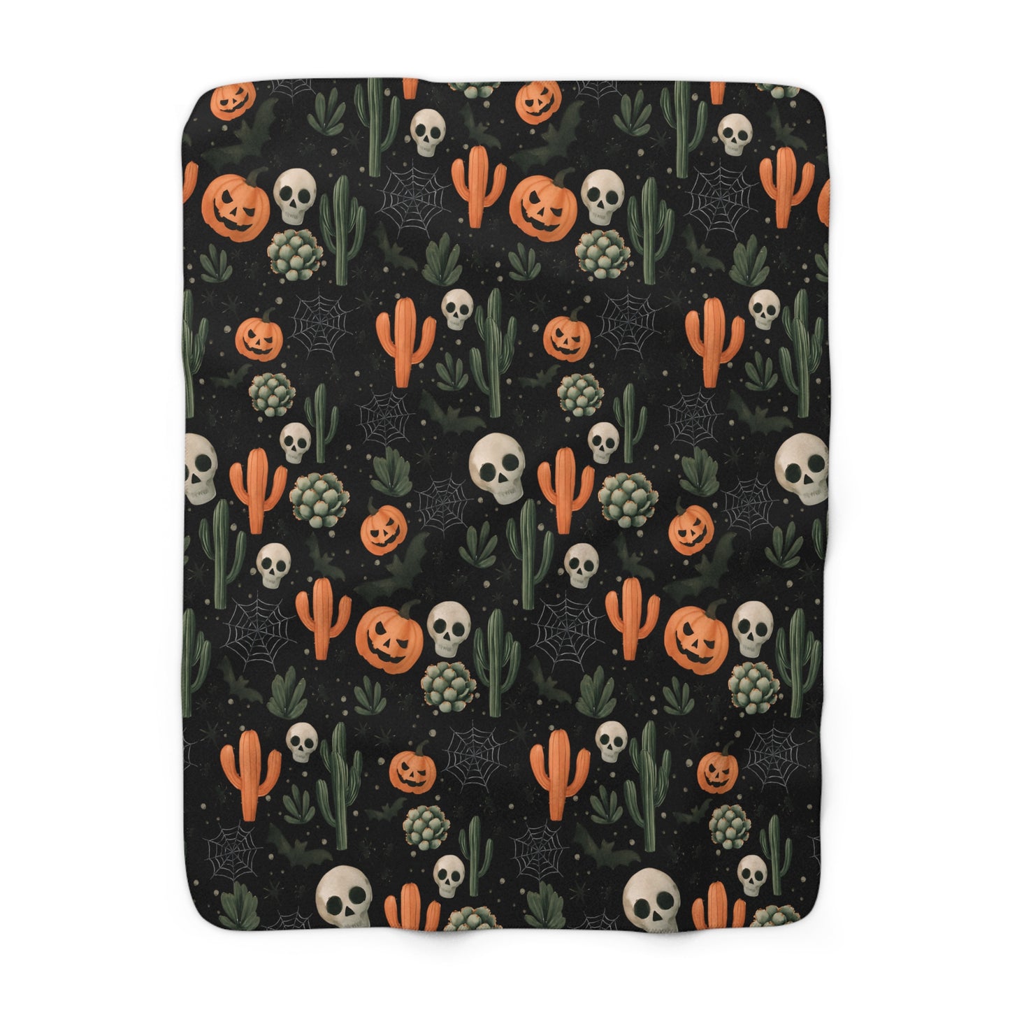 Black Boho Halloween Sherpa Fleece Blanket - Pumpkins, Spiders, Webs, Cactus, Cozy Fall Home Decor, Gothic Halloween Decor, Halloween