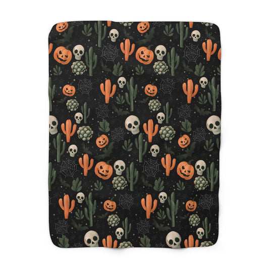 Black Boho Halloween Sherpa Fleece Blanket - Pumpkins, Spiders, Webs, Cactus, Cozy Fall Home Decor, Gothic Halloween Decor, Halloween