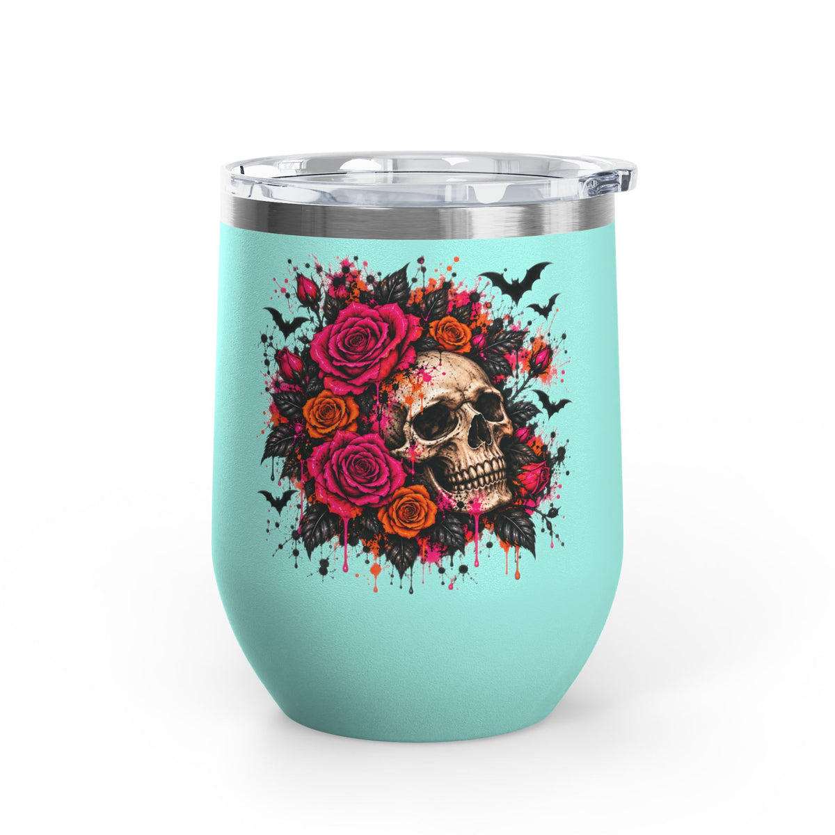Deadly Blooms 12oz Wine Tumbler | Gothic Floral Skull Stainless Steel Cup by Subbin4Sanity