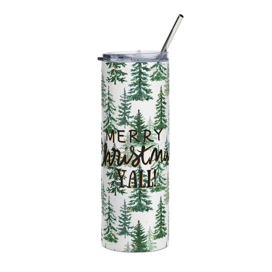 Merry Christmas Y’all 20oz Stainless Tumbler — Pine Tree Holiday Travel Cup