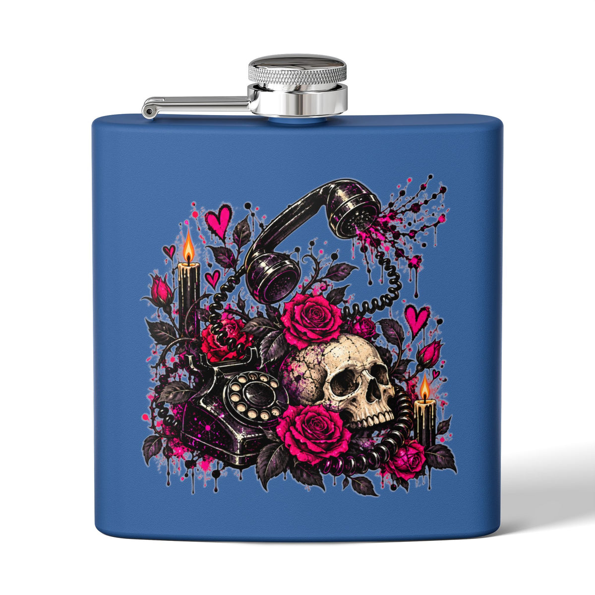 Karma’s Calling 6oz Stainless Steel Flask | Gothic Skull & Telephone Drinking Flask by Subbin4Sanity
