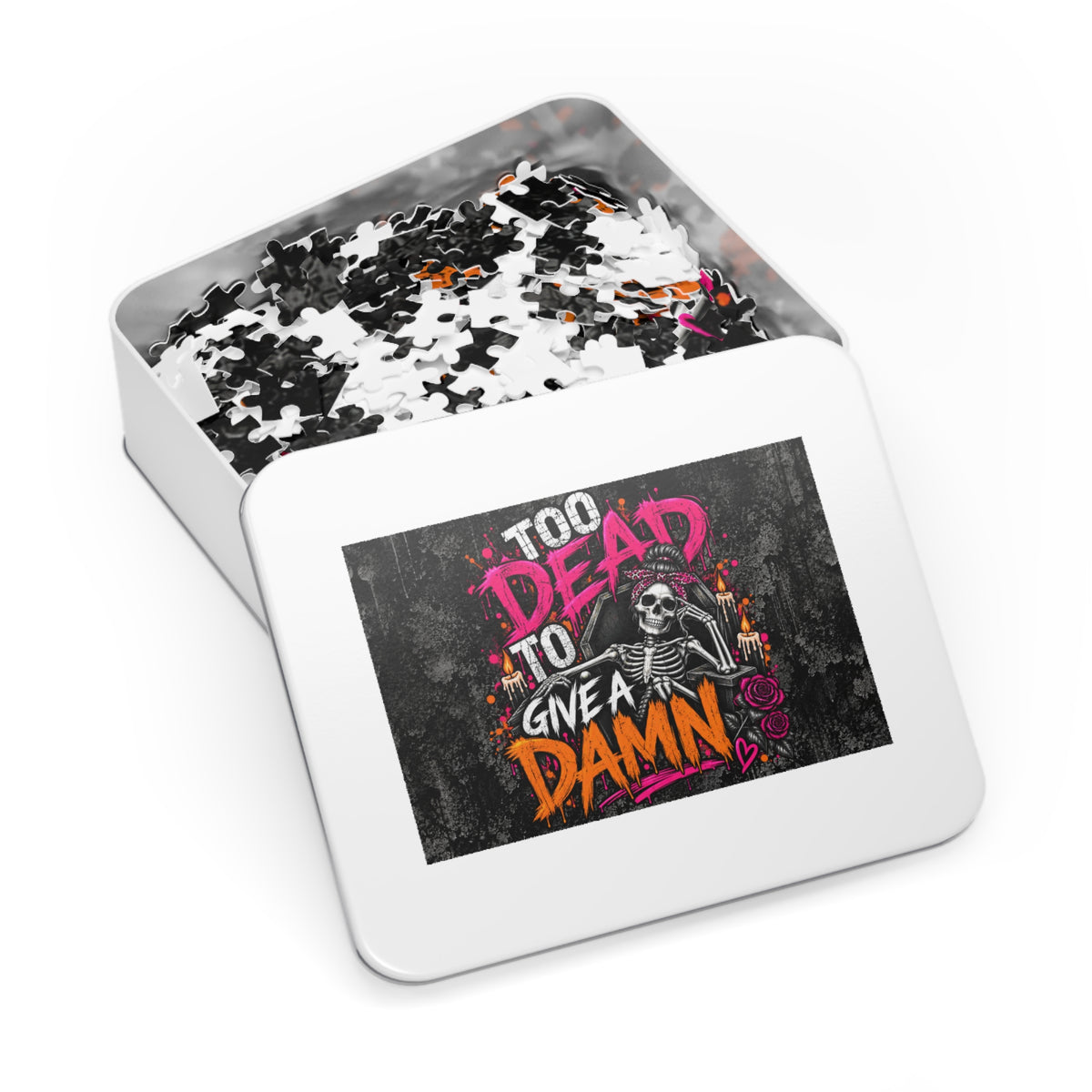 Too Dead To Give A Damn Halloween Jigsaw Puzzle | Sarcastic Gothic Skeleton Puzzle by Subbin4Sanity