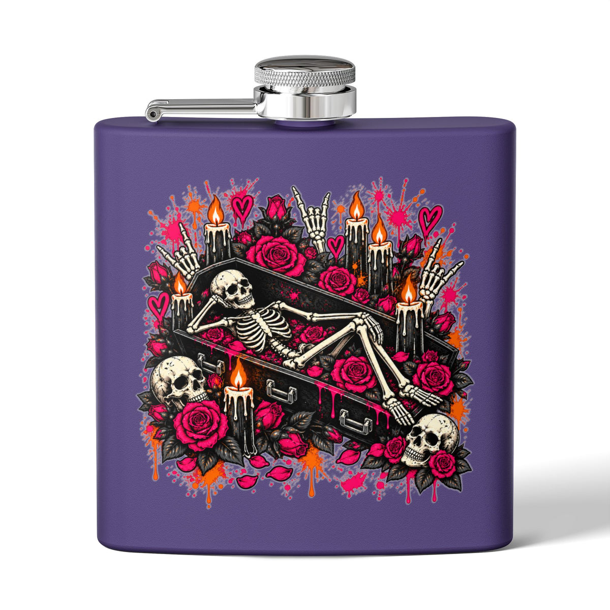 Dead & Unbothered 6oz Stainless Steel Flask | Gothic Skeleton Drinking Flask by Subbin4Sanity