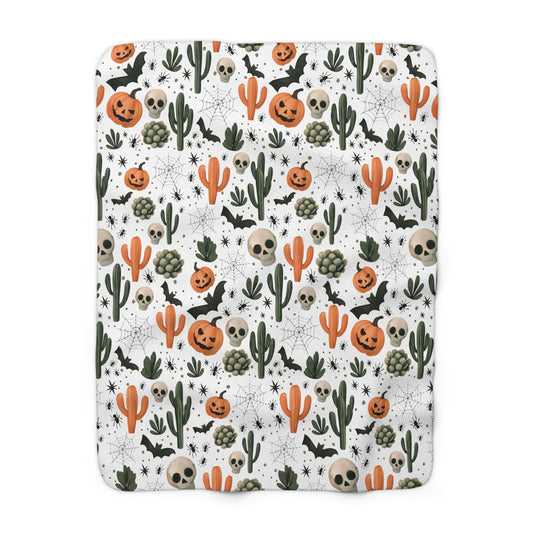 Fall Throw Blanket, Halloween Decor, Sherpa Fleece Blanket, Boho Autumn Home Decor, Spooky Cozy Bedding, Pumpkin Spider Bat Cactus Design