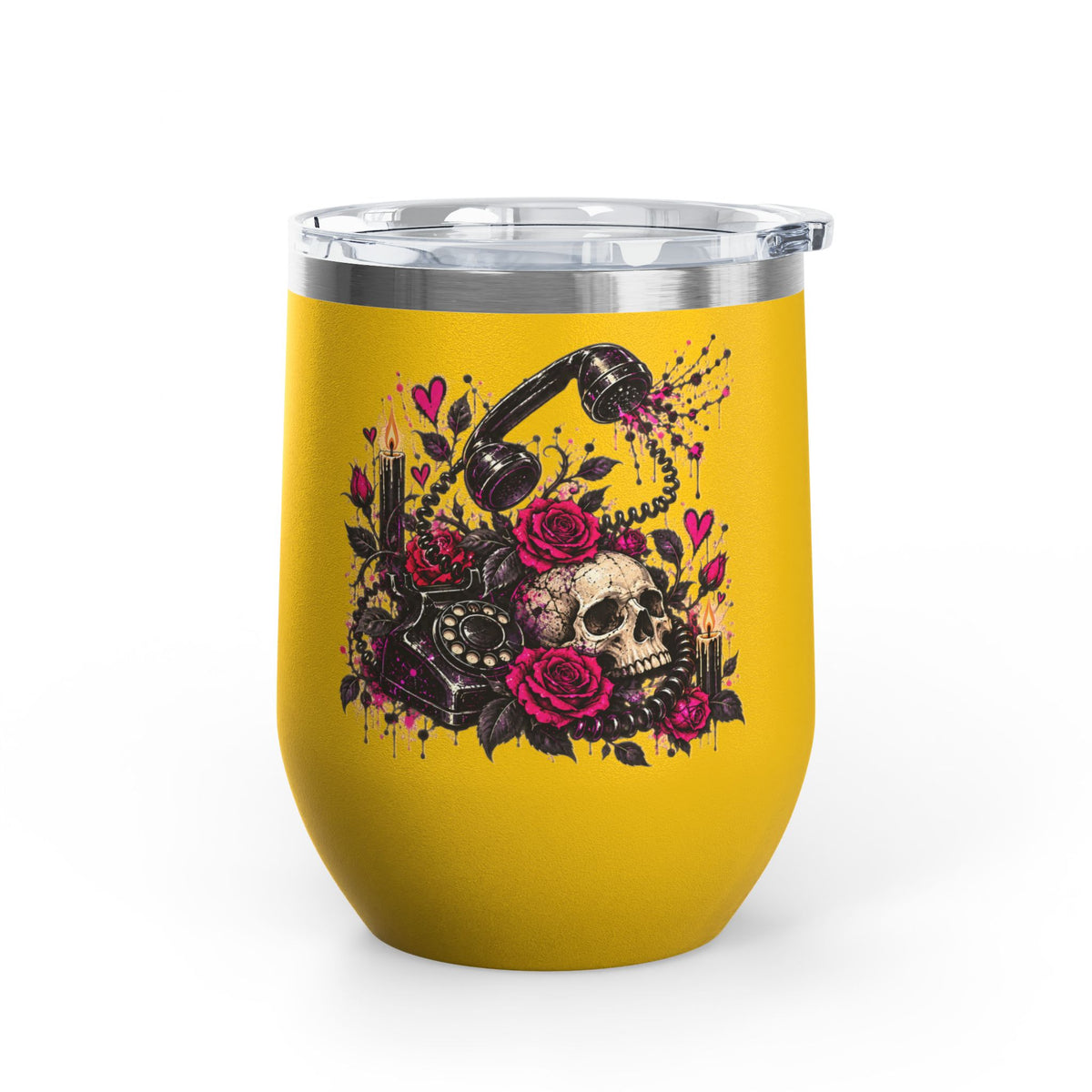 Karma’s Calling 12oz Wine Tumbler | Gothic Skull & Telephone Stainless Steel Cup by Subbin4Sanity
