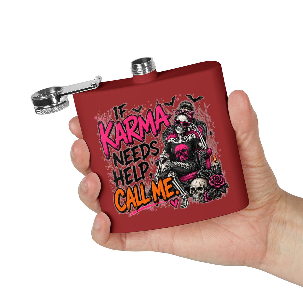 If Karma Needs Help, Call Me 6oz Stainless Steel Flask | Sarcastic Gothic Drinking Flask by Subbin4Sanity