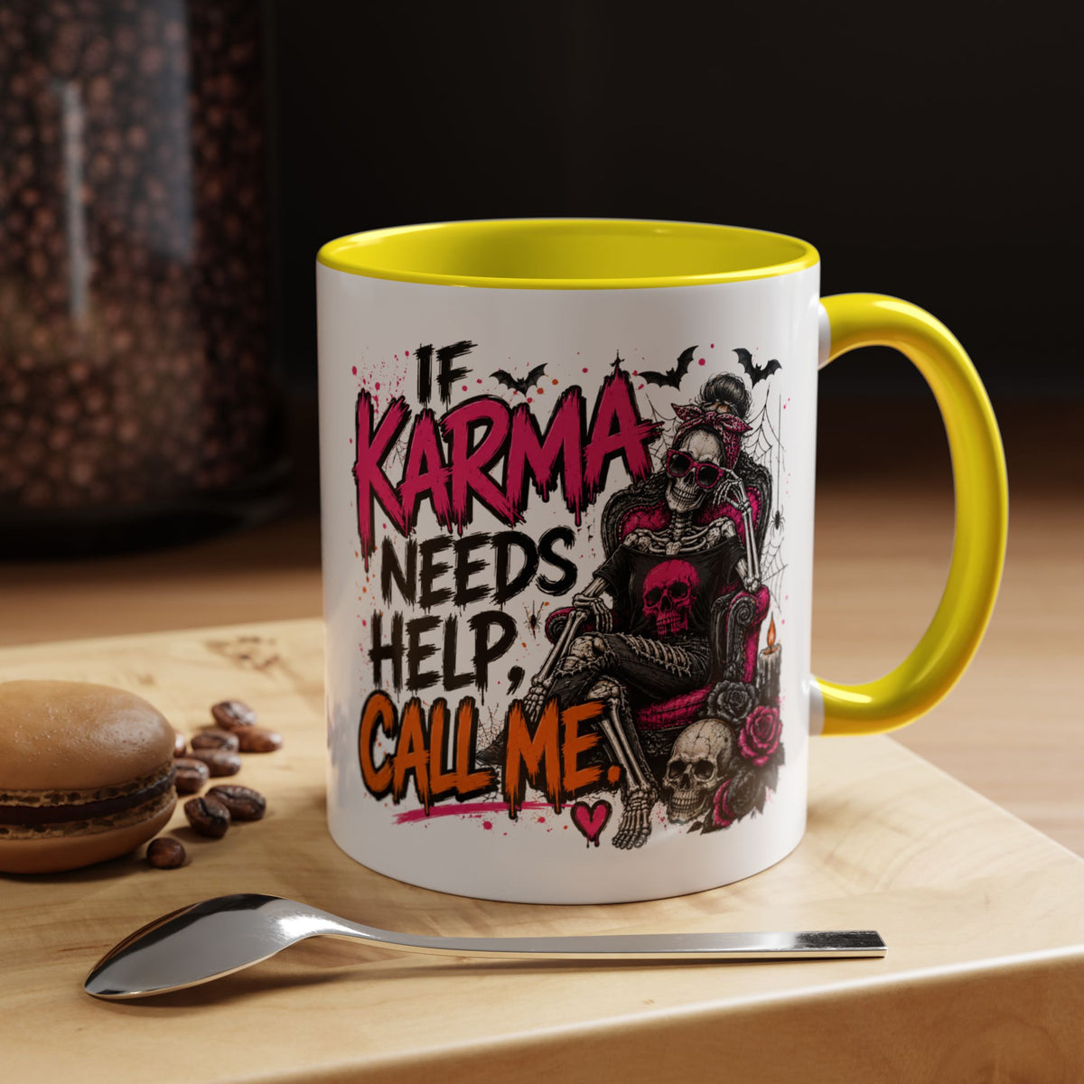If Karma Needs Help Call Me Coffee Mug | Sarcastic Gothic Ceramic Mug by Subbin4Sanity