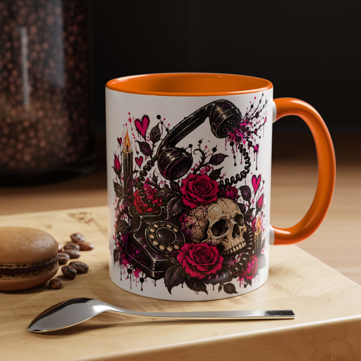 Karma’s Calling Coffee Mug | Gothic Skull & Telephone Ceramic Mug by Subbin4Sanity