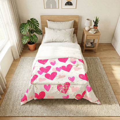 Love Worn Cozy Comforter Blanket | Distressed Heart Print Cotton Comforter – Pink Love Pattern Bedding by Subbin4Sanity
