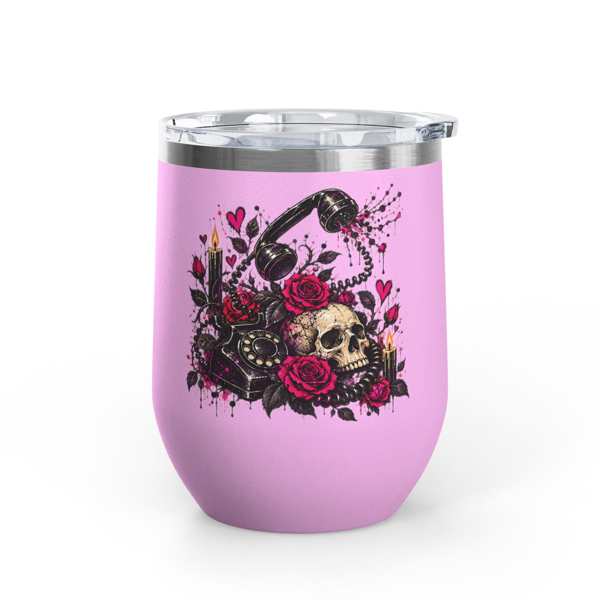 Karma’s Calling 12oz Wine Tumbler | Gothic Skull & Telephone Stainless Steel Cup by Subbin4Sanity