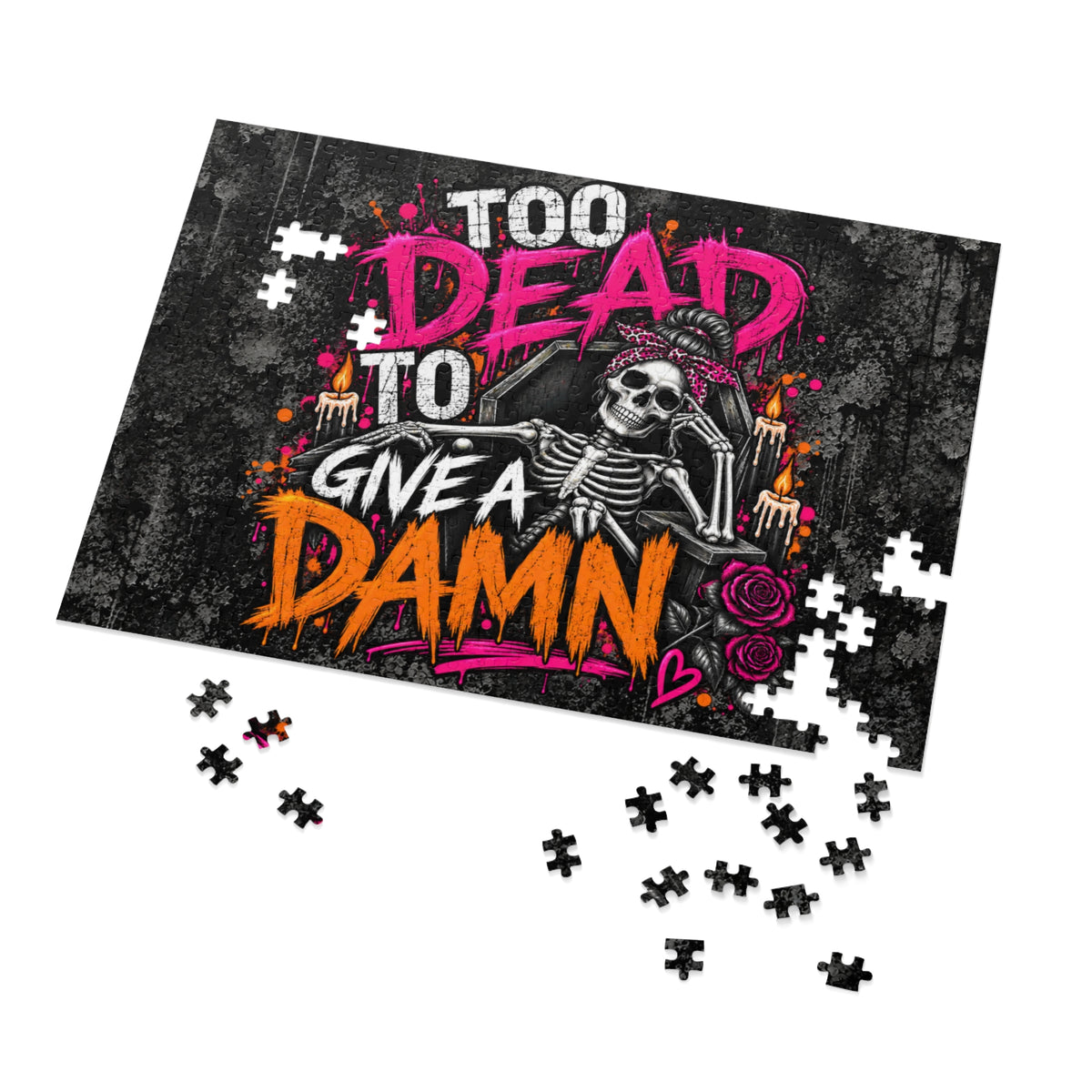 Too Dead To Give A Damn Halloween Jigsaw Puzzle | Sarcastic Gothic Skeleton Puzzle by Subbin4Sanity