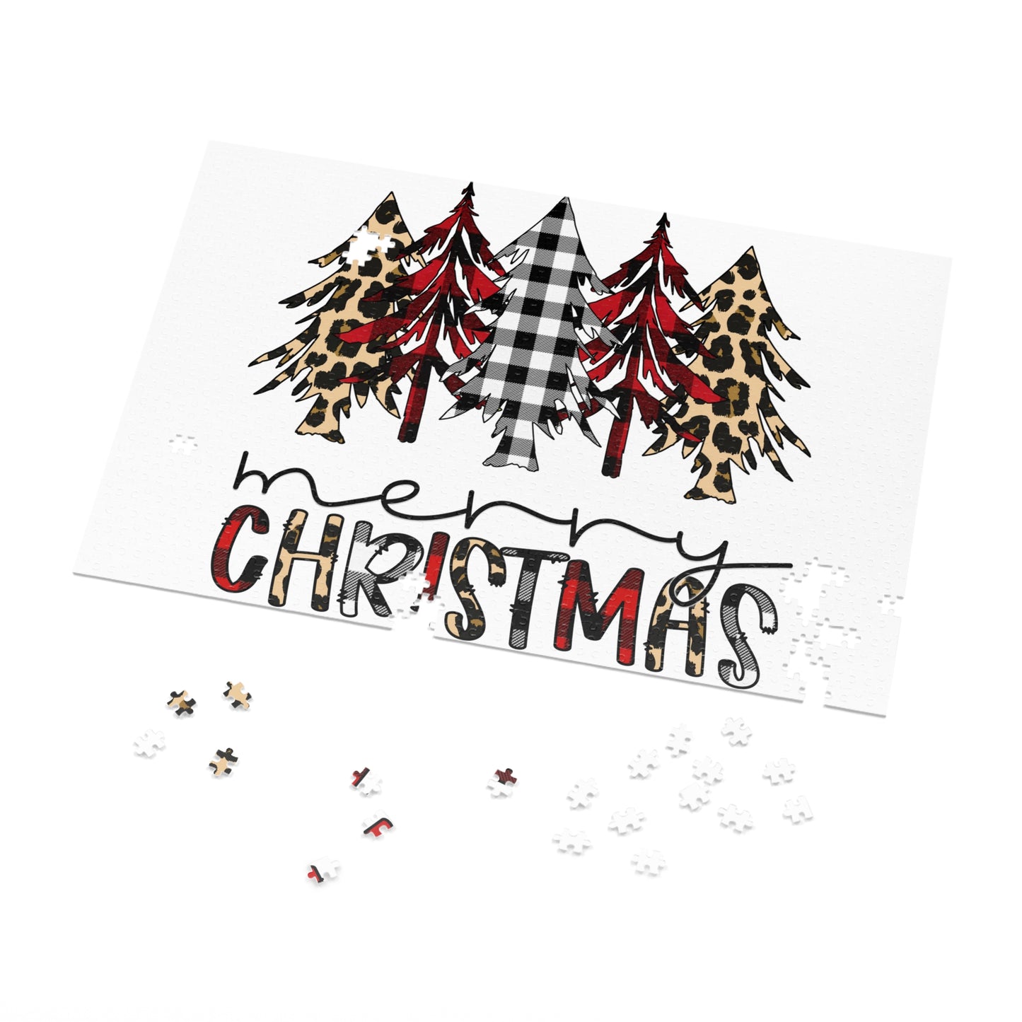 Merry Christmas Jigsaw Puzzle with Tin — Buffalo Plaid & Leopard Trees Merry Christmas Holiday Design
