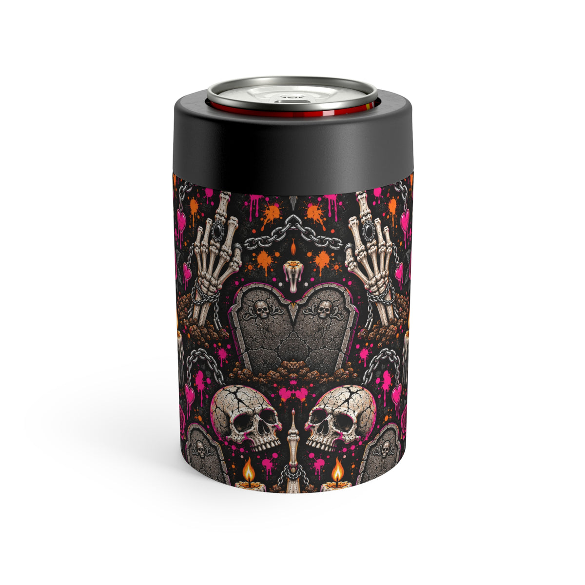 Dirt & Defiance Pattern 12oz Insulated Stainless Steel Koozie | Gothic Skull & Floral Can Holder by Subbin4Sanity