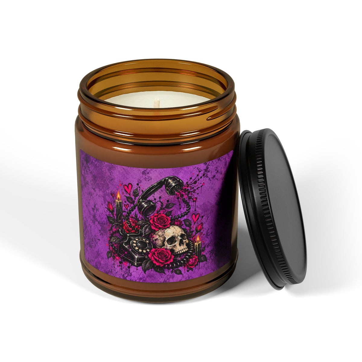 Karma’s Calling Scented Amber Jar Soy Candle | Gothic Skull & Telephone Home Decor Candle by Subbin4Sanity