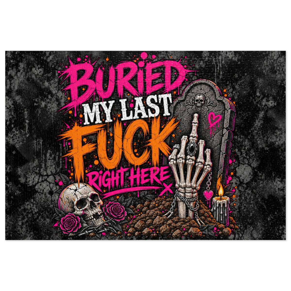 I Buried My Last Fuck Right Here Halloween Jigsaw Puzzle | Sarcastic Gothic Skull Puzzle by Subbin4Sanity
