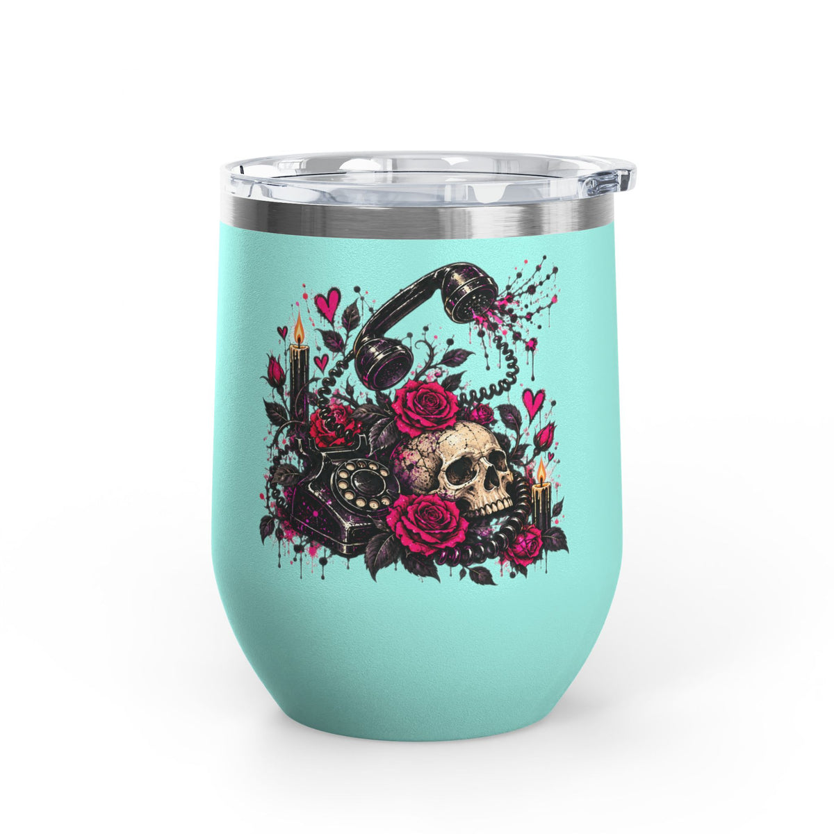 Karma’s Calling 12oz Wine Tumbler | Gothic Skull & Telephone Stainless Steel Cup by Subbin4Sanity