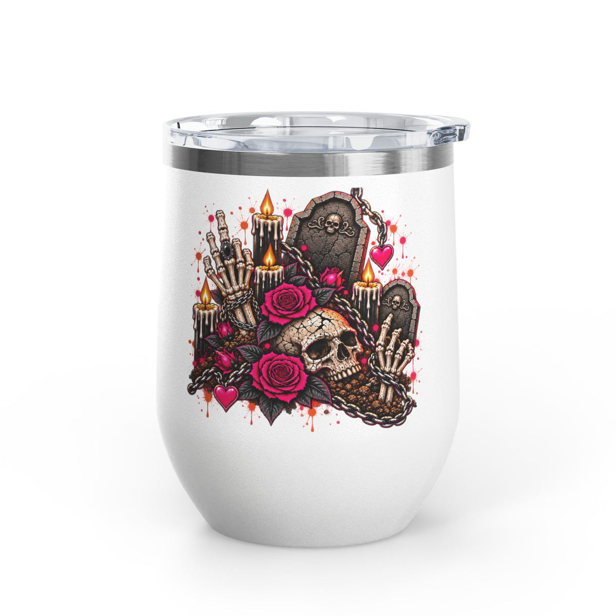 Dirt & Defiance 12oz Wine Tumbler | Gothic Skull & Coffin Stainless Steel Cup by Subbin4Sanity