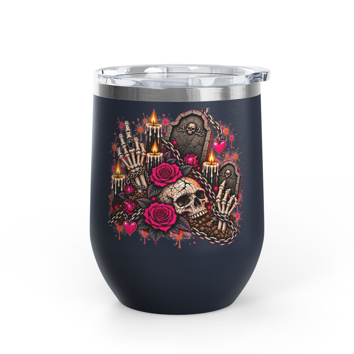 Dirt & Defiance 12oz Wine Tumbler | Gothic Skull & Coffin Stainless Steel Cup by Subbin4Sanity