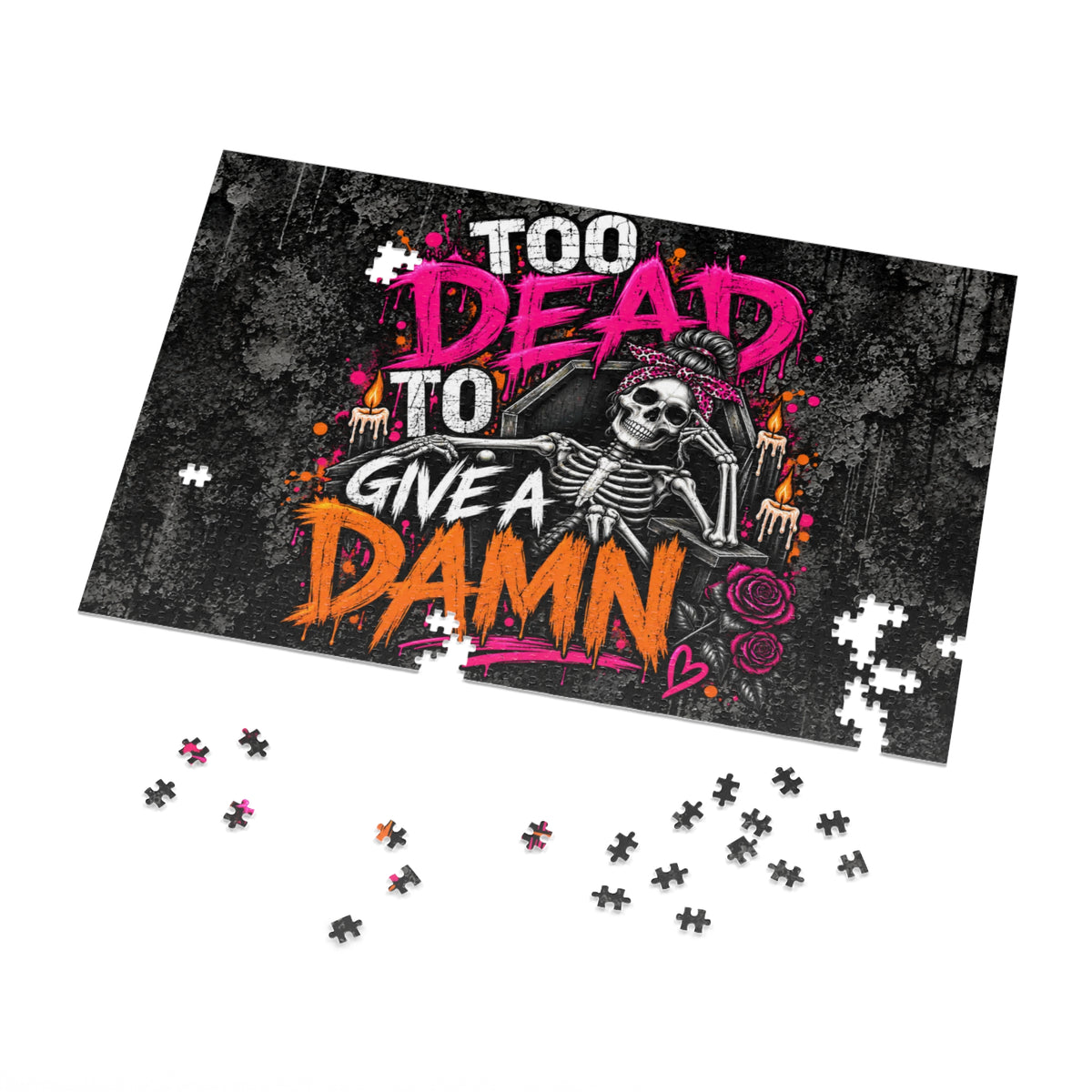Too Dead To Give A Damn Halloween Jigsaw Puzzle | Sarcastic Gothic Skeleton Puzzle by Subbin4Sanity