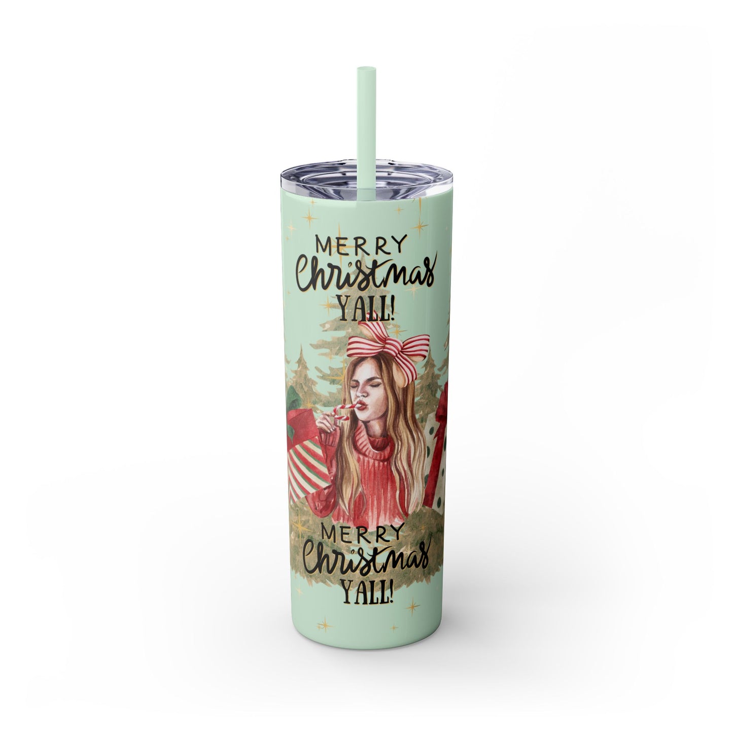 Christmas Skinny Tumbler with Straw, 20oz, "Merry Christmas Yall/I'm a gift"