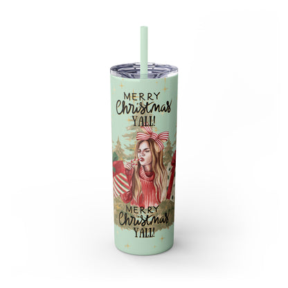 Christmas Skinny Tumbler with Straw, 20oz, "Merry Christmas Yall/I'm a gift"