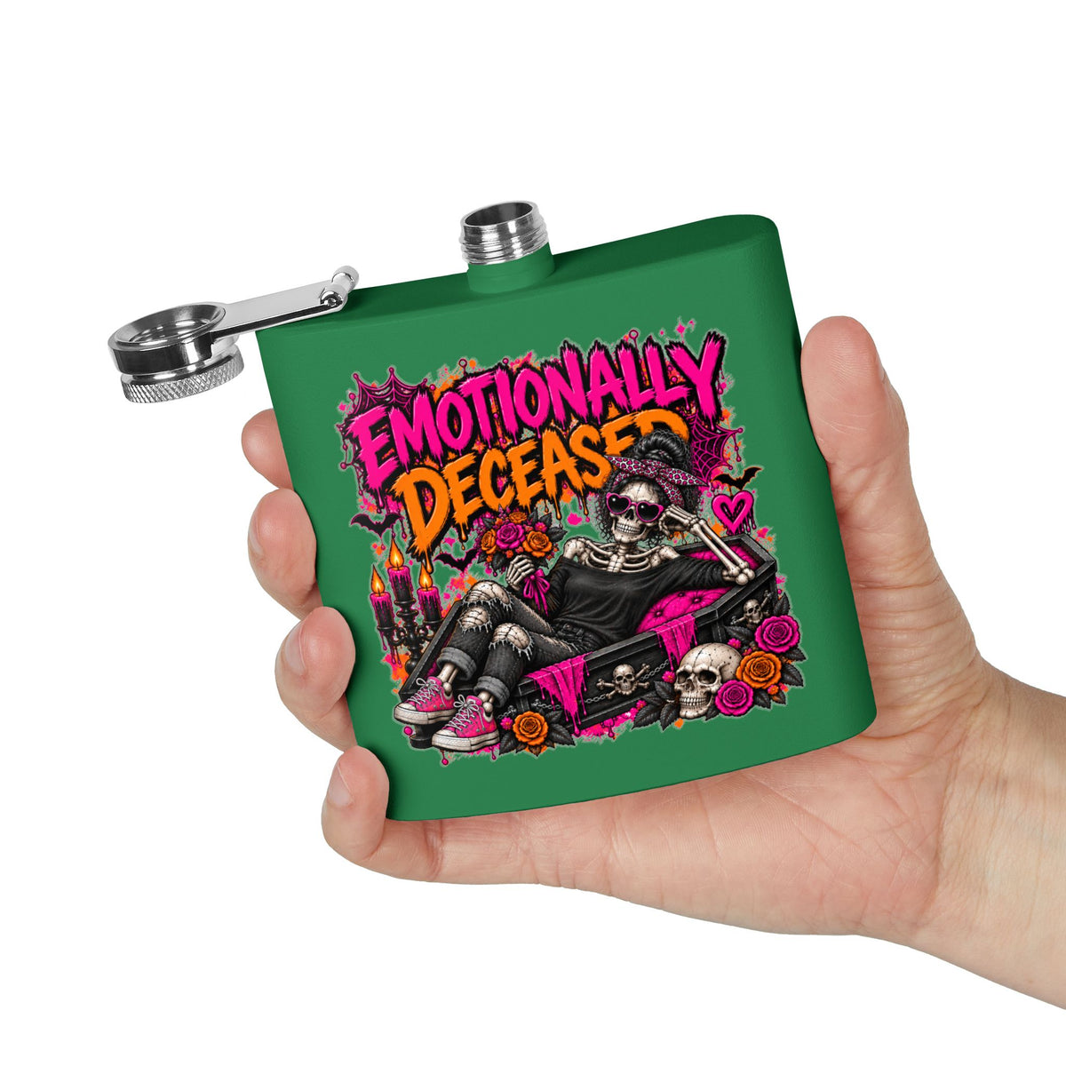 Emotionally Deceased 6oz Stainless Steel Flask | Dark Humor Gothic Drinking Flask by Subbin4Sanity