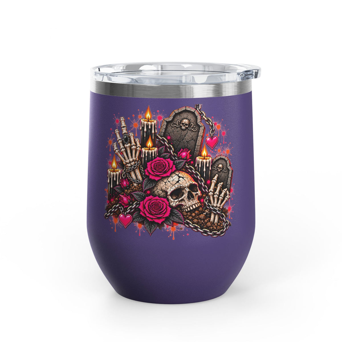Dirt & Defiance 12oz Wine Tumbler | Gothic Skull & Coffin Stainless Steel Cup by Subbin4Sanity