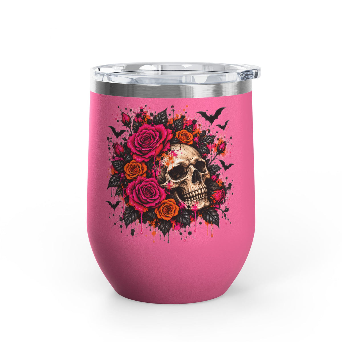 Deadly Blooms 12oz Wine Tumbler | Gothic Floral Skull Stainless Steel Cup by Subbin4Sanity