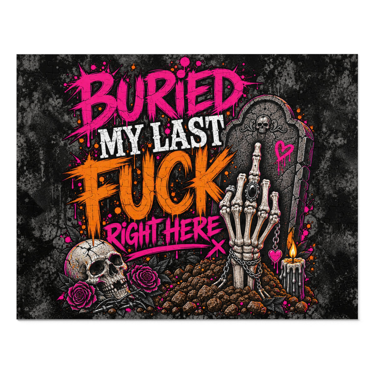 I Buried My Last Fuck Right Here Halloween Jigsaw Puzzle | Sarcastic Gothic Skull Puzzle by Subbin4Sanity