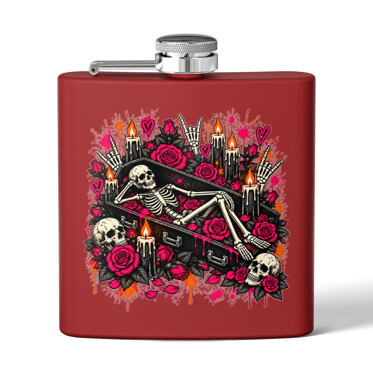 Dead & Unbothered 6oz Stainless Steel Flask | Gothic Skeleton Drinking Flask by Subbin4Sanity