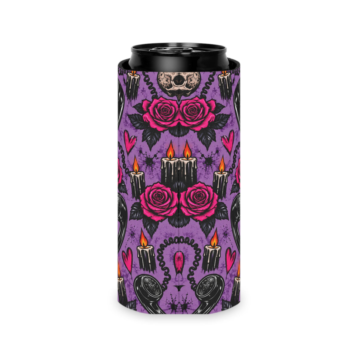 Karma’s Calling Pattern Foam Grip Koozie | Gothic Telephone & Rose Can Cooler by Subbin4Sanity