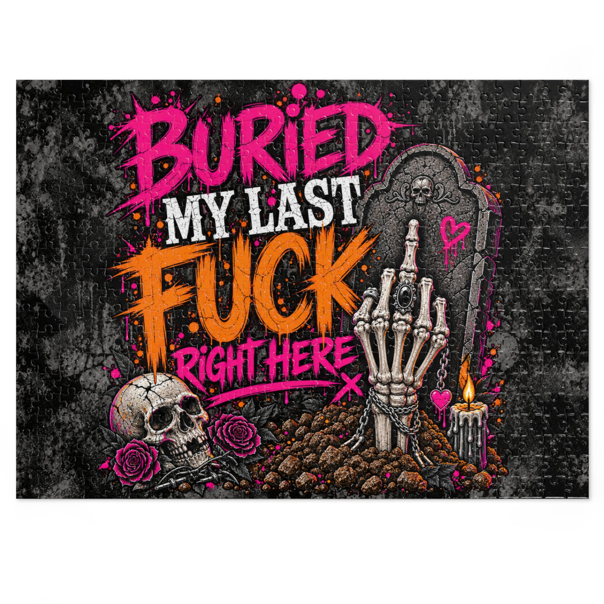 I Buried My Last Fuck Right Here Halloween Jigsaw Puzzle | Sarcastic Gothic Skull Puzzle by Subbin4Sanity