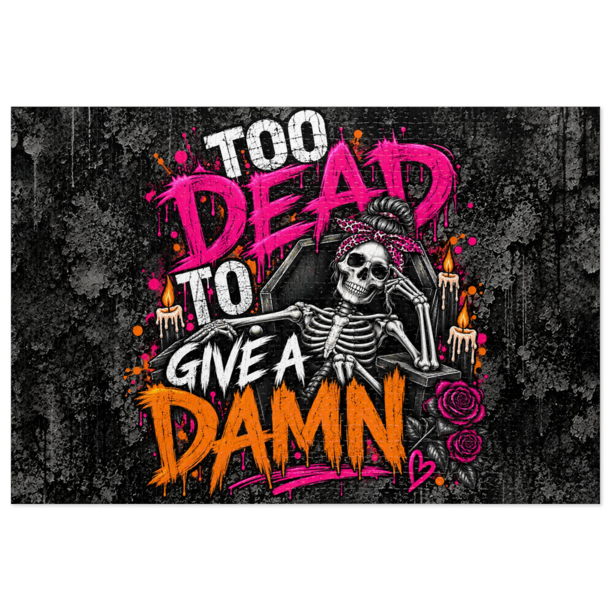Too Dead To Give A Damn Halloween Jigsaw Puzzle | Sarcastic Gothic Skeleton Puzzle by Subbin4Sanity