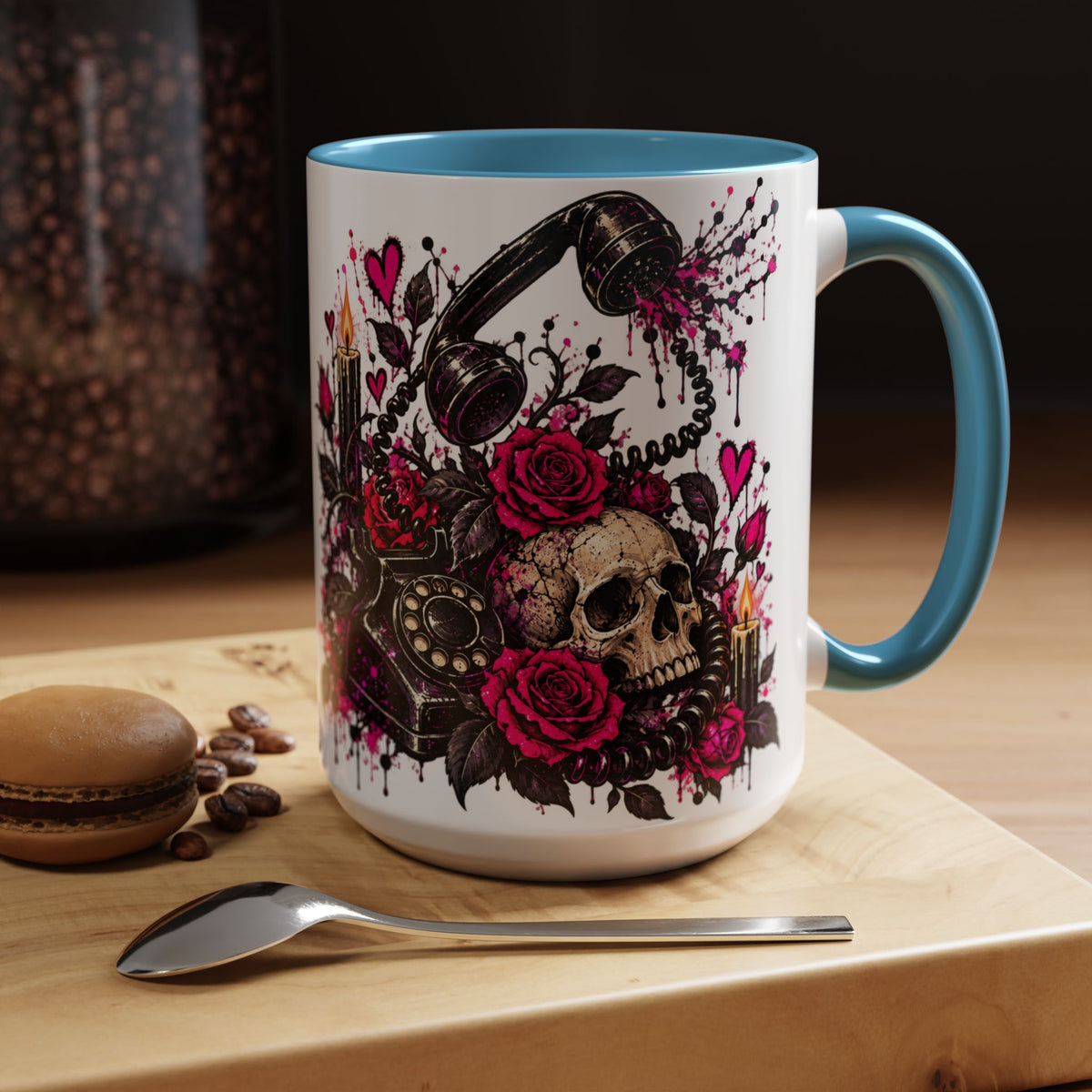 Karma’s Calling Coffee Mug | Gothic Skull & Telephone Ceramic Mug by Subbin4Sanity