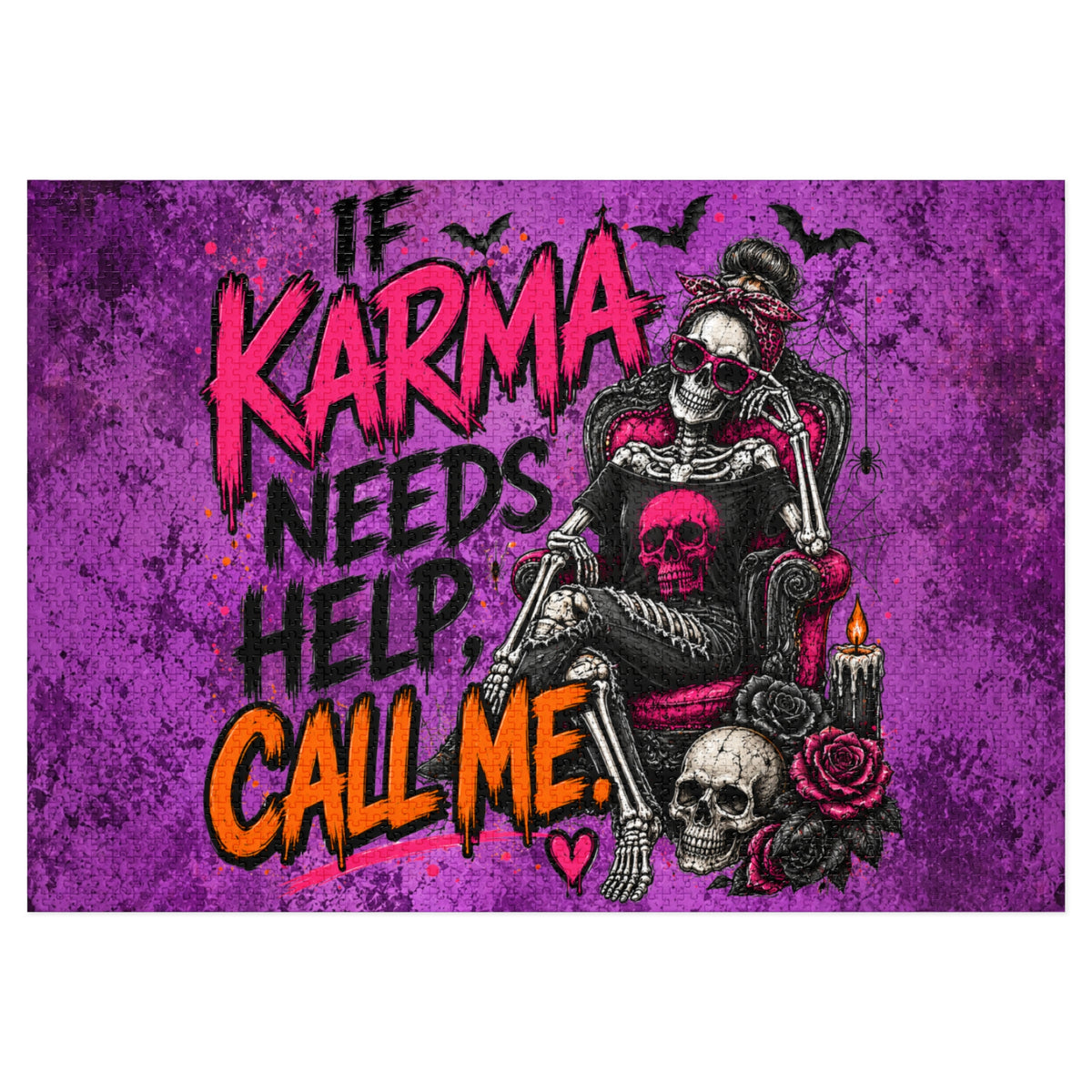 If Karma Needs Help, Call Me Halloween Jigsaw Puzzle | Sarcastic Gothic Skull Puzzle by Subbin4Sanity