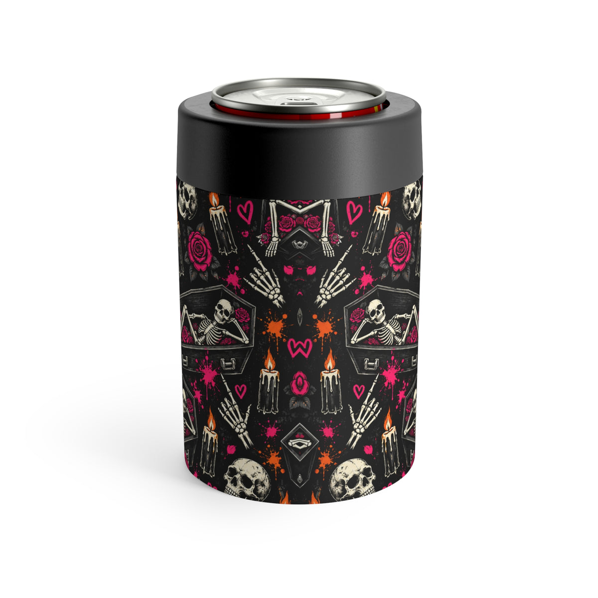 Dead & Unbothered Pattern 12oz Insulated Stainless Steel Koozie | Gothic Skeleton Can Holder by Subbin4Sanity