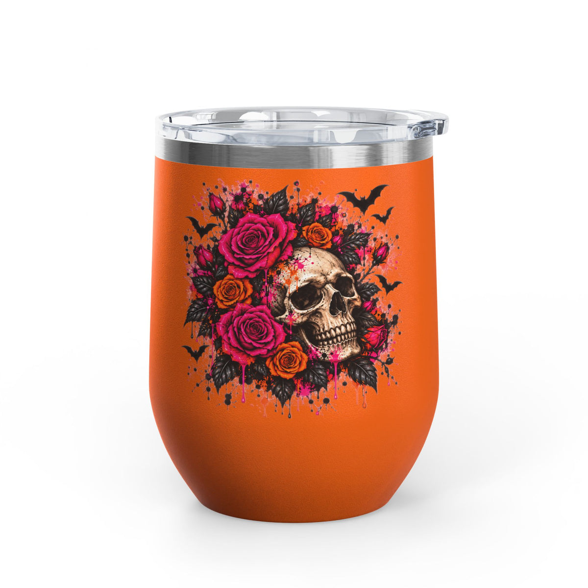 Deadly Blooms 12oz Wine Tumbler | Gothic Floral Skull Stainless Steel Cup by Subbin4Sanity