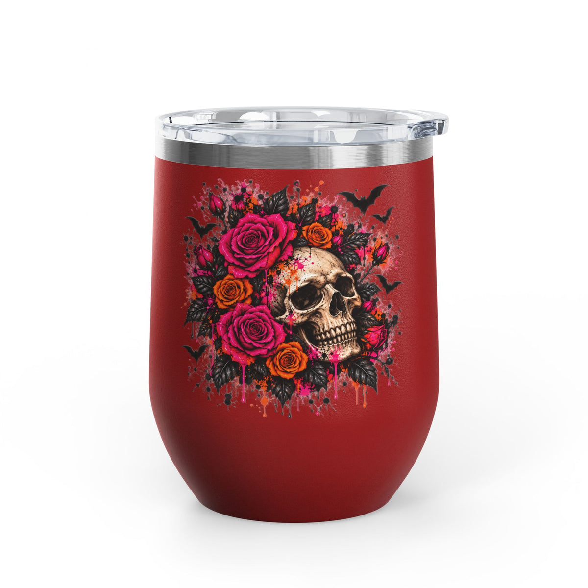 Deadly Blooms 12oz Wine Tumbler | Gothic Floral Skull Stainless Steel Cup by Subbin4Sanity