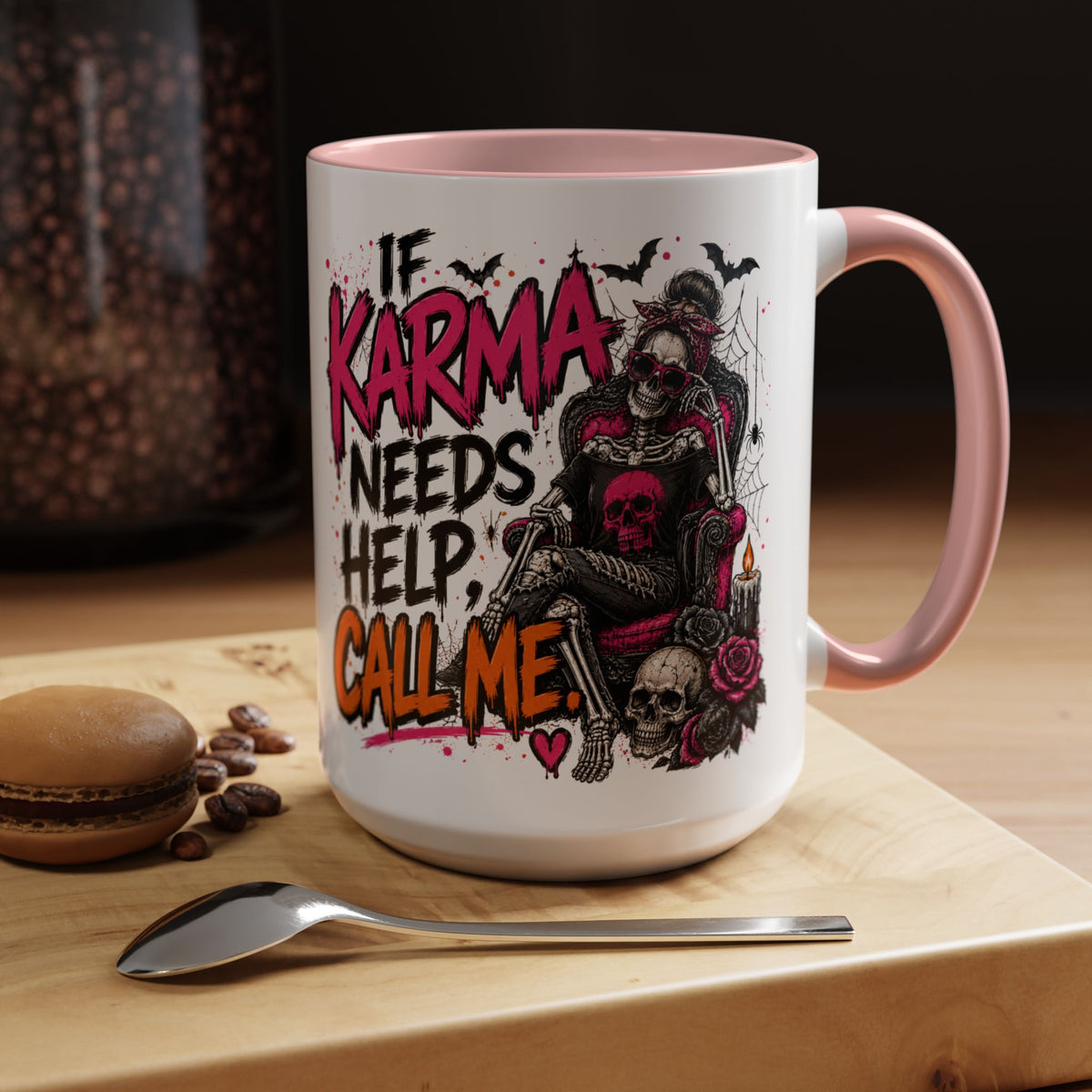 If Karma Needs Help Call Me Coffee Mug | Sarcastic Gothic Ceramic Mug by Subbin4Sanity