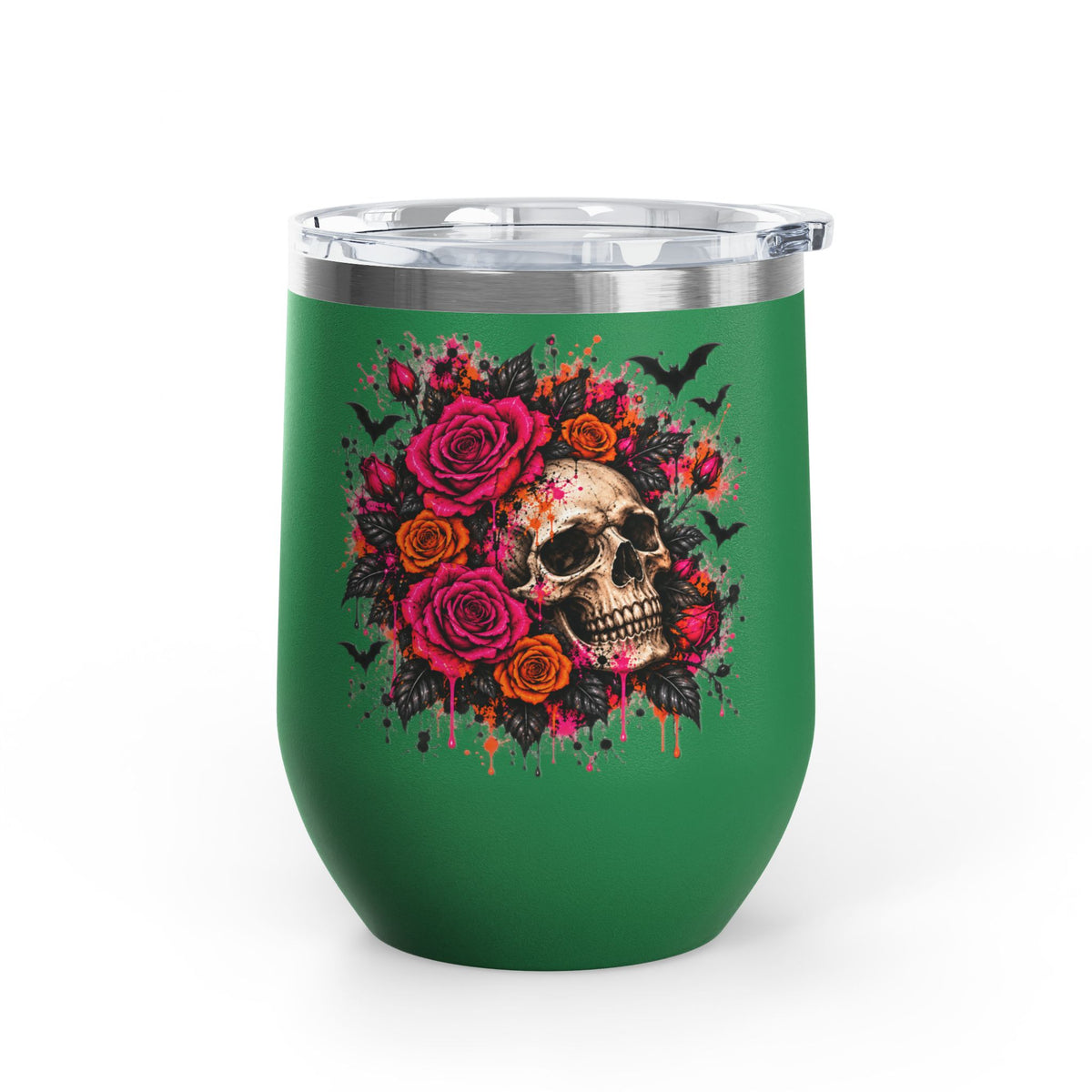 Deadly Blooms 12oz Wine Tumbler | Gothic Floral Skull Stainless Steel Cup by Subbin4Sanity
