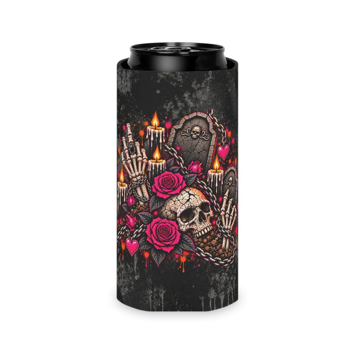 Dirt & Defiance Foam Grip Koozie | Gothic Skull & Coffin Can Cooler by Subbin4Sanity