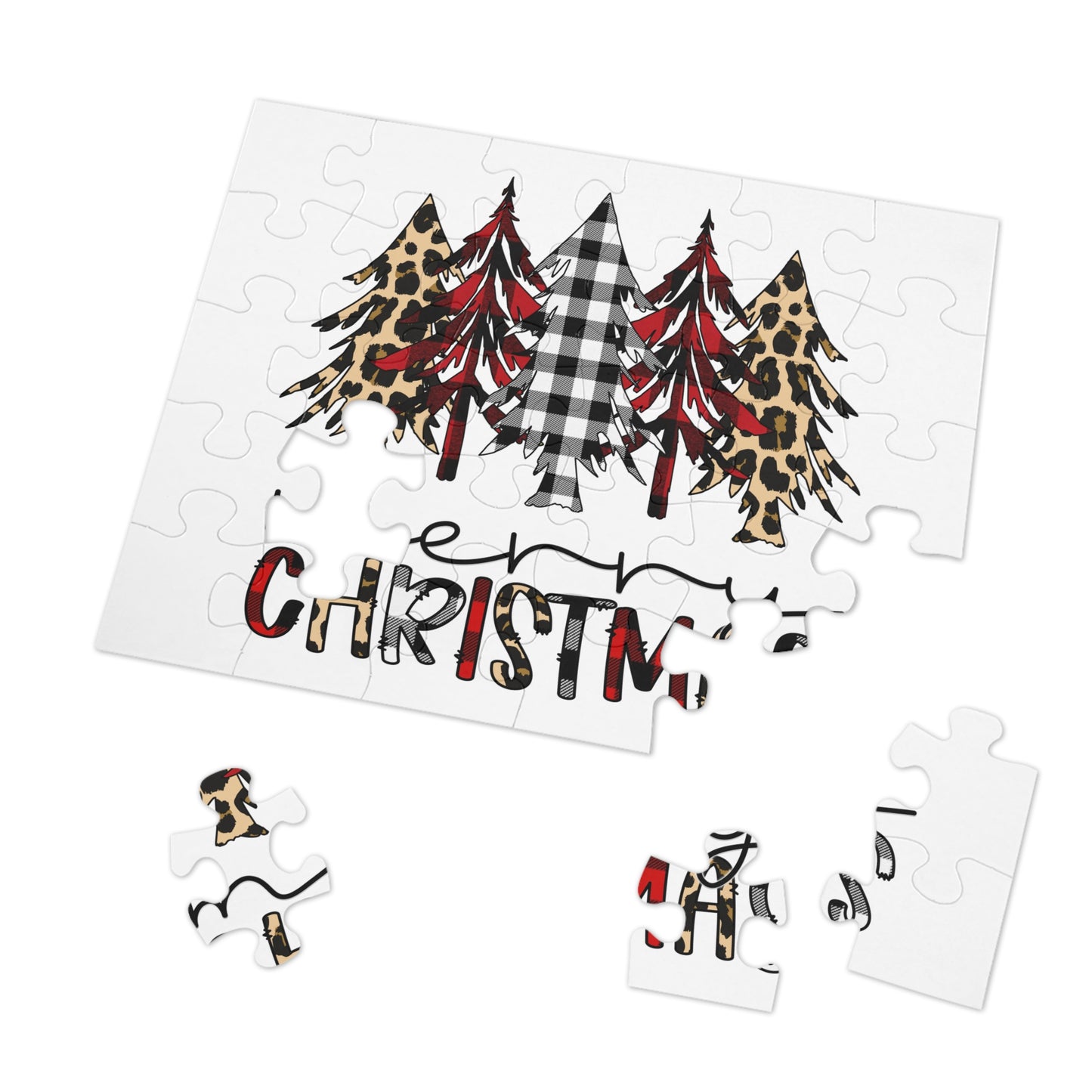 Merry Christmas Jigsaw Puzzle with Tin — Buffalo Plaid & Leopard Trees Merry Christmas Holiday Design