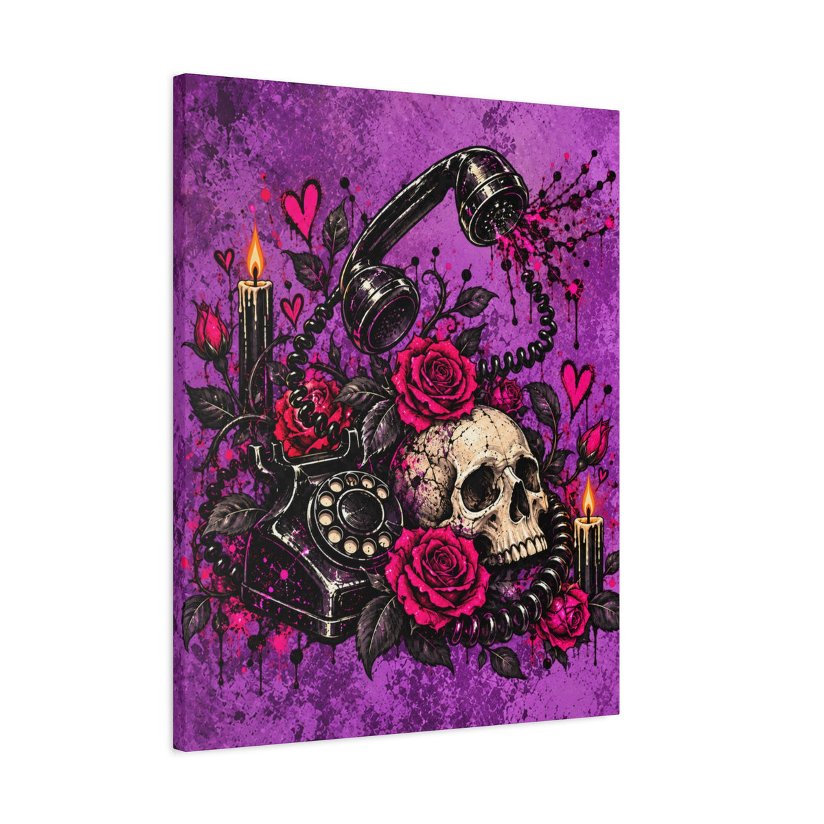 Karma’s Calling Halloween Canvas | Gothic Skull, Roses & Vintage Phone Wall Art by Subbin4Sanity